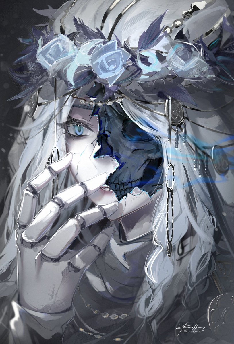 1girl, blue_eyes, braid, character_doll, doll, doll_joints, elden_ring, elden_ring_nightreign, flower, flower_wreath, grey_background, hair_flower, hair_ornament, highres, jewelry, joints, korusakku, long_hair, low_twin_braids, revenant_(elden_ring), skull, solo, twin_braids, veil, white_hair, white_veil