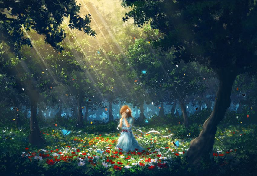 1girl, au_ito, blue_dress, brown_hair, bug, bush, butterfly, closed_eyes