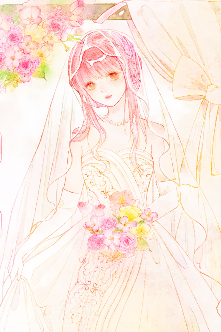 1girl, absurdres, artist_request, bare_shoulders, bead_necklace, beads, blunt_bangs, bouquet