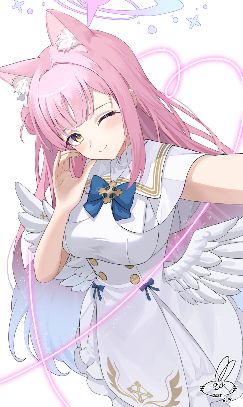 1girl, angel_wings, animal_ear_fluff, animal_ears, awa_(awao141), blue_archive, blue_bow, blue_bowtie