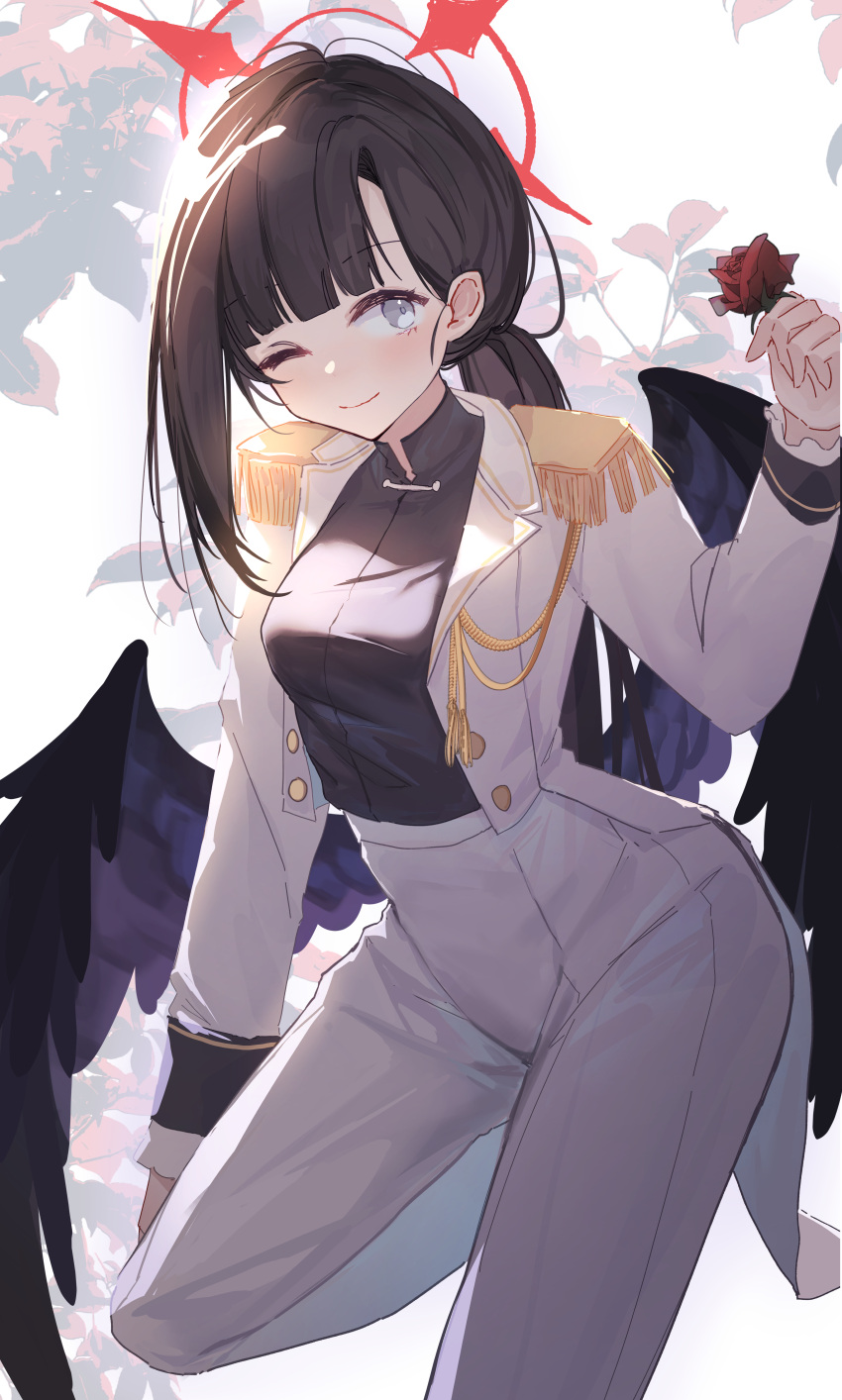 1girl, absurdres, black_hair, black_shirt, black_wings, blue_archive, blue_eyes, blunt_bangs