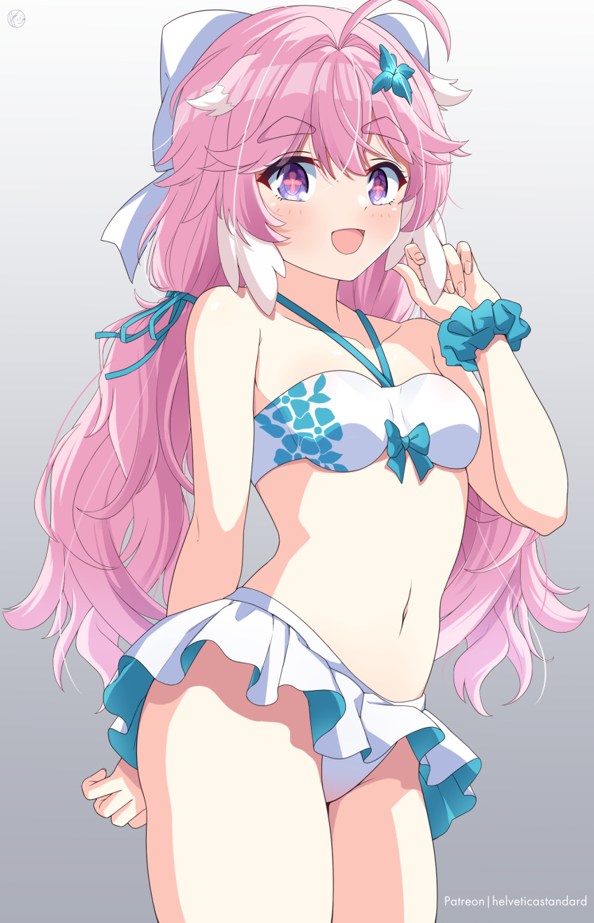 1girl, :d, absurdres, ahoge, bikini, bikini_skirt, blush, collarbone, encore_(wuthering_waves), flower, gradient_background, hair_flower, hair_ornament, helvetica_std, highres, long_hair, looking_at_viewer, multicolored_hair, navel, open_mouth, pink_hair, sidelocks, simple_background, smile, solo, standing, stomach, swimsuit, symbol-shaped_pupils, thick_eyebrows, thighs, two-tone_hair, very_long_hair, violet_eyes, white_background, white_hair, wuthering_waves