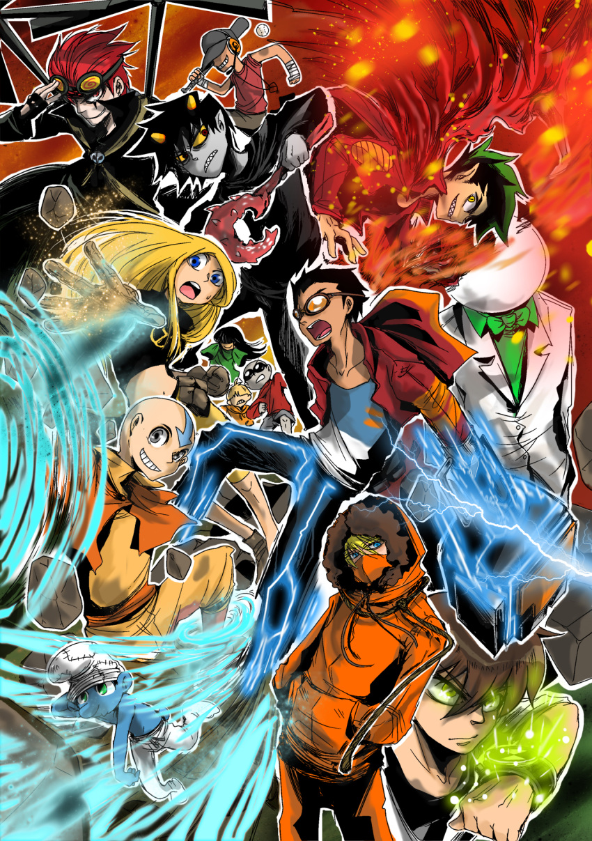 1girl, 6+boys, aang, american_dragon_jake_long, avatar_legends, bald, baseball_cap, ben_10
