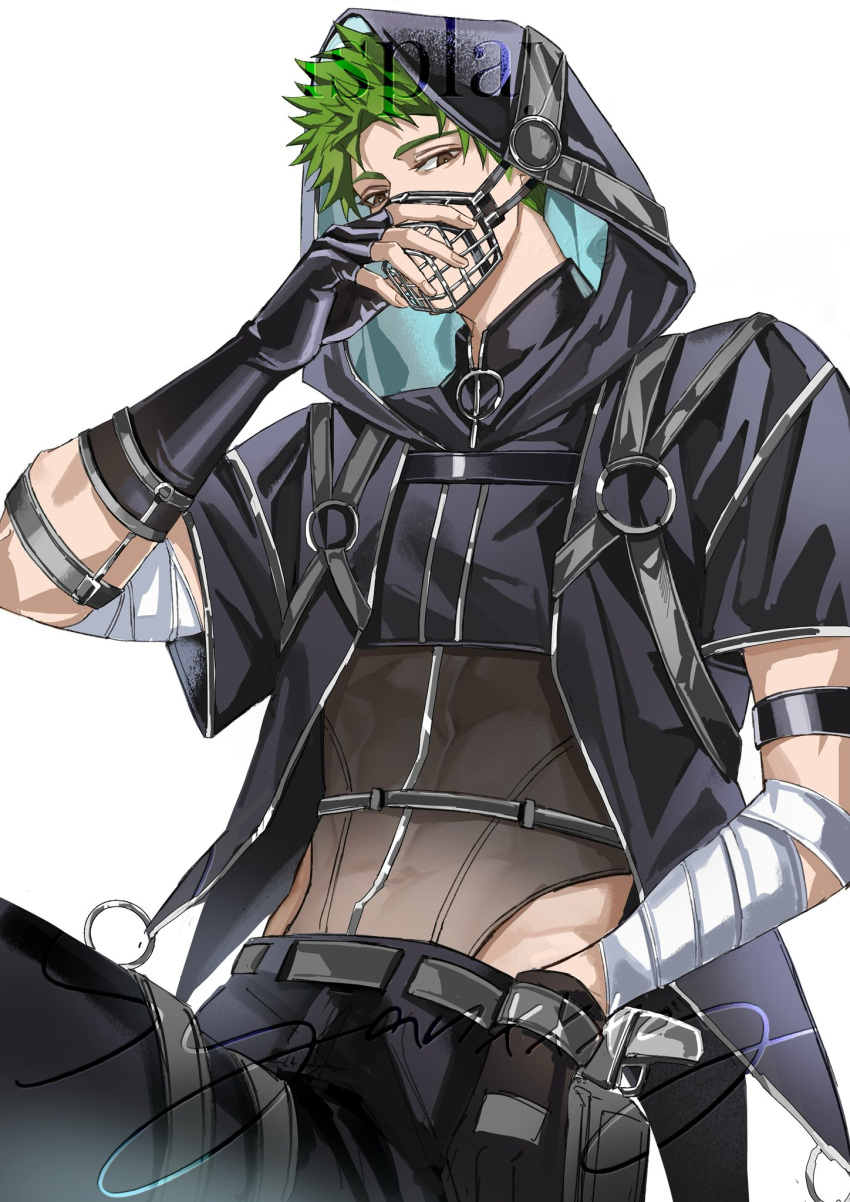 1boy, alternate_costume, black_gloves, brown_eyes, commentary_request, fingerless_gloves, gloves, green_hair