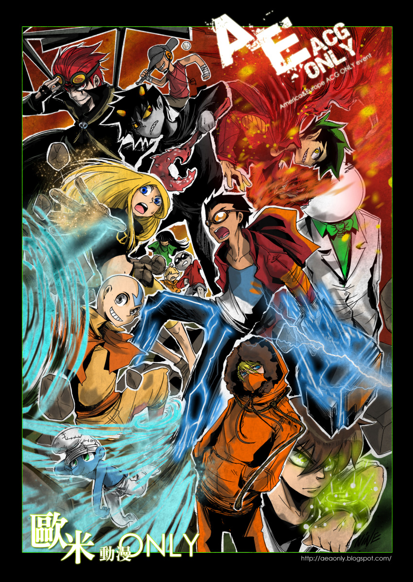 1girl, 6+boys, aang, american_dragon_jake_long, avatar_legends, bald, baseball_cap, ben_10