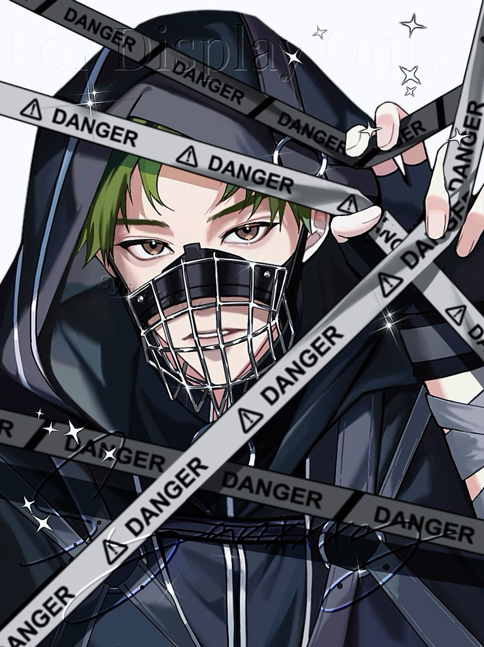 1boy, alternate_costume, black_gloves, brown_eyes, fingerless_gloves, gloves, green_hair, highres