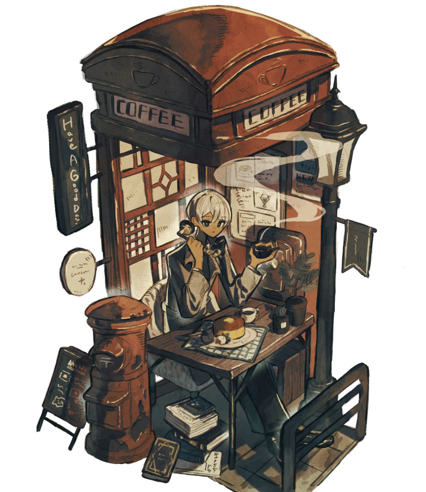 1boy, antique_phone, black_eyes, black_pants, black_shoes, book, bright_pupils, butter