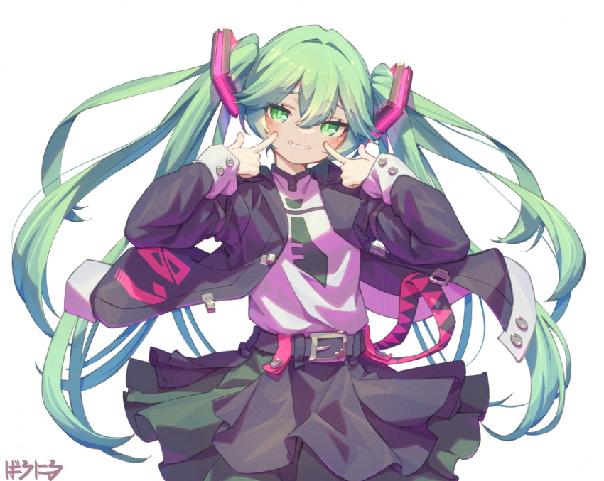 1girl, aqua_hair, baronilu, belt, black_jacket, black_skirt, blush, cowboy_shot