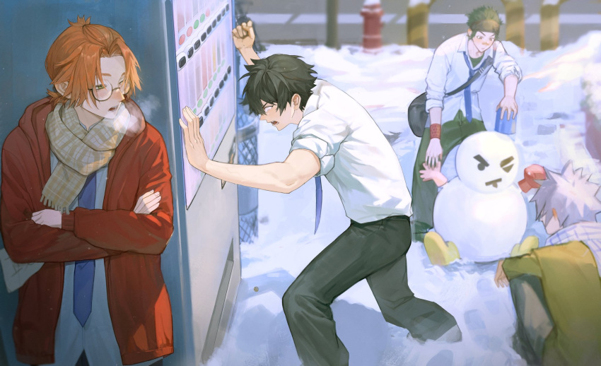 4boys, back, bag, bandaid, bandaid_on_face, bandaid_on_nose, black_hair, black_pants, blue_necktie, cold, collared_shirt, crossed_arms, dao8_33, eugene_korekishi, fire_hydrant, from_side, full_body, green_hair, headband, highres, kanzaki_kaoru, kotaro_tamon, long_sleeves, looking_at_another, male_focus, mogari_shishikuno, multiple_boys, necktie, open_mouth, orange_hair, pants, phantom_busters, round_eyewear, scarf, shirt, short_hair, sleeves_rolled_up, snow, snowman, squatting, standing, teeth, tongue, trash_can, upper_body, vending_machine, white_hair, white_shirt, winter, yellow_shirt