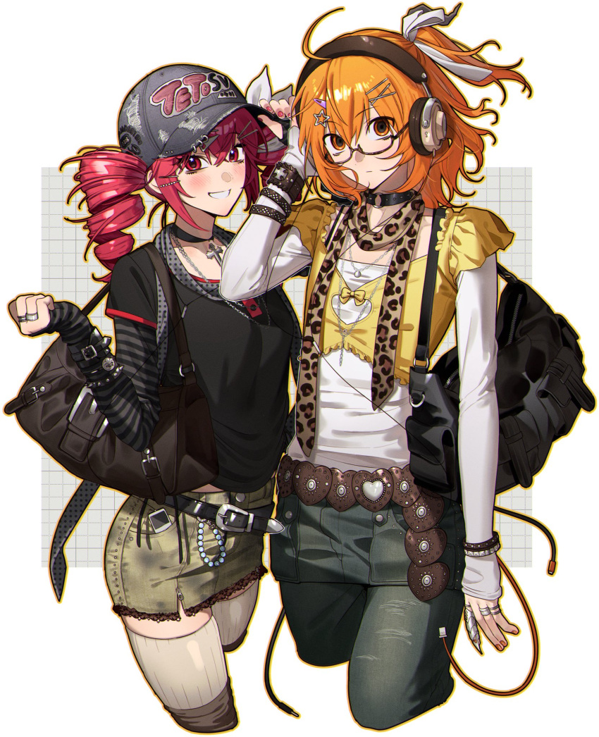 2girls, a.i._voice, adachi_rei, adjusting_clothes, adjusting_headwear, ahoge, alternate_costume, animal_print, arm_warmers, bag, baseball_cap, belt, black_arm_warmers, black_bag, black_belt, black_collar, black_shirt, blush, bow, bracelet, breasts, cable, cellphone, claw_ring, clenched_hand, closed_mouth, collar, collarbone, compression_sleeve, cowboy_shot, cropped_legs, cropped_shirt, cross, cross_necklace, denim, denim_skirt, double-parted_bangs, drill_hair, expressionless, fingernails, flat_chest, floating_hair, glasses, grey_armor, grey_background, grey_pants, grin, hair_bow, hair_ornament, hair_ribbon, hairclip, hand_up, hashtag, hat, headphones, highres, jeans, jewelry, kasane_teto, kasane_teto_(sv), leopard_print, looking_at_viewer, medium_breasts, miniskirt, mqiii9, multiple_girls, necklace, orange_eyes, orange_hair, pants, phone, red_eyes, red_nails, ribbed_thighhighs, ribbon, ring, shirt, short_sleeves, shoulder_bag, side_ponytail, skirt, sleeves_past_wrists, smile, star_(symbol), star_hair_ornament, star_in_eye, stole, striped_arm_warmers, symbol_in_eye, synthesizer_v, thigh-highs, torn_clothes, torn_hat, torn_jeans, torn_pants, twin_drills, utau, white_background, white_bow, white_ribbon, white_thighhighs, white_undershirt, yellow_shirt, yellow_stole