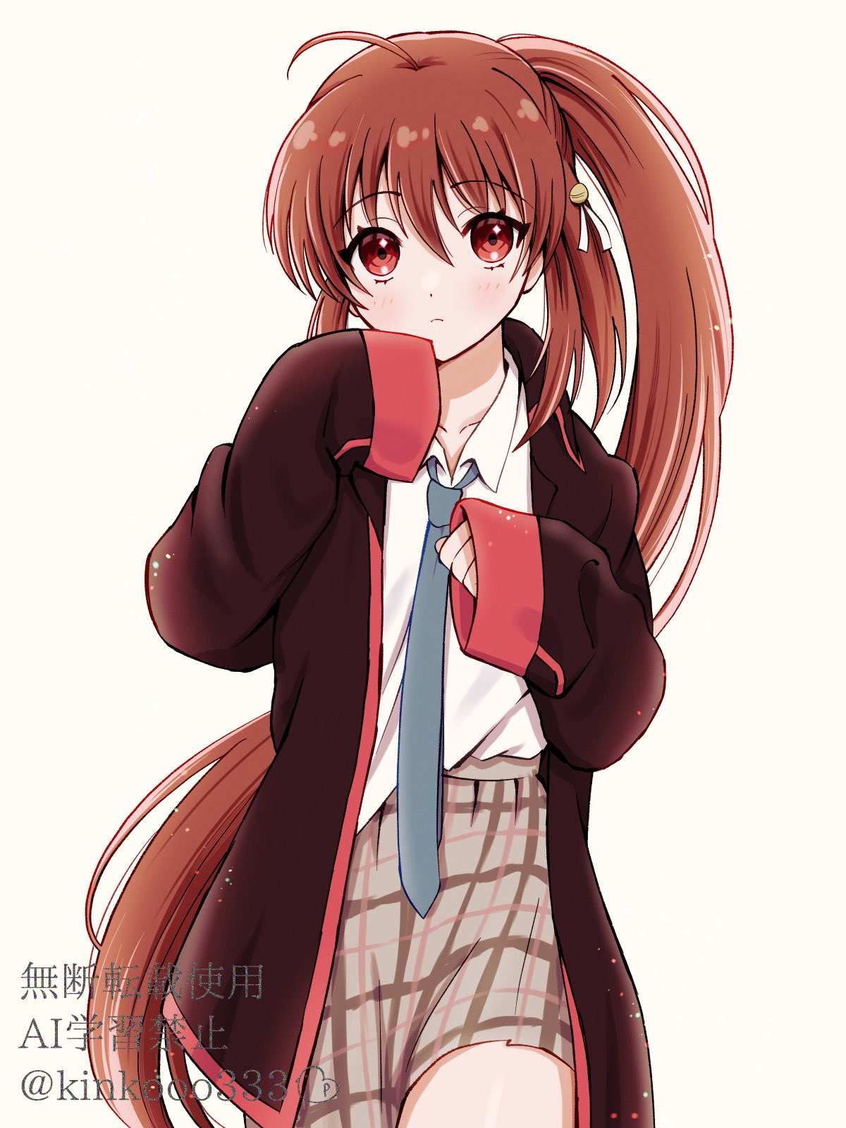 1girl, ahoge, bell, black_jacket, blue_necktie, blush, borrowed_clothes, brown_hair