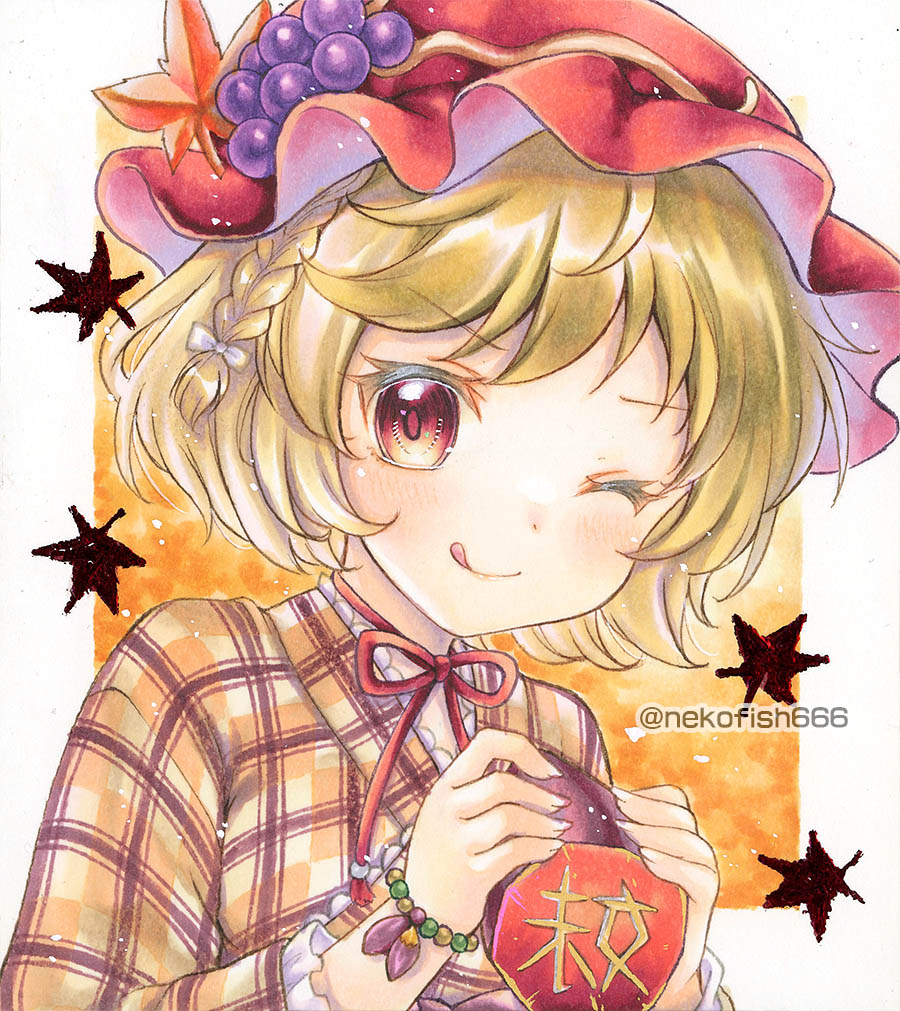 1girl, :q, aki_minoriko, aki_minoriko_(sweet_sister_god), alternate_hairstyle, blonde_hair, blush, bow, braid, closed_mouth, commentary_request, grape_hat_ornament, hair_bow, hat, holding, long_sleeves, looking_at_viewer, mob_cap, neck_ribbon, nekofish666, one_eye_closed, orange_eyes, orange_hat, red_ribbon, ribbon, single_braid, smile, solo, tongue, tongue_out, touhou, touhou_lostword, traditional_media, twitter_username, white_bow