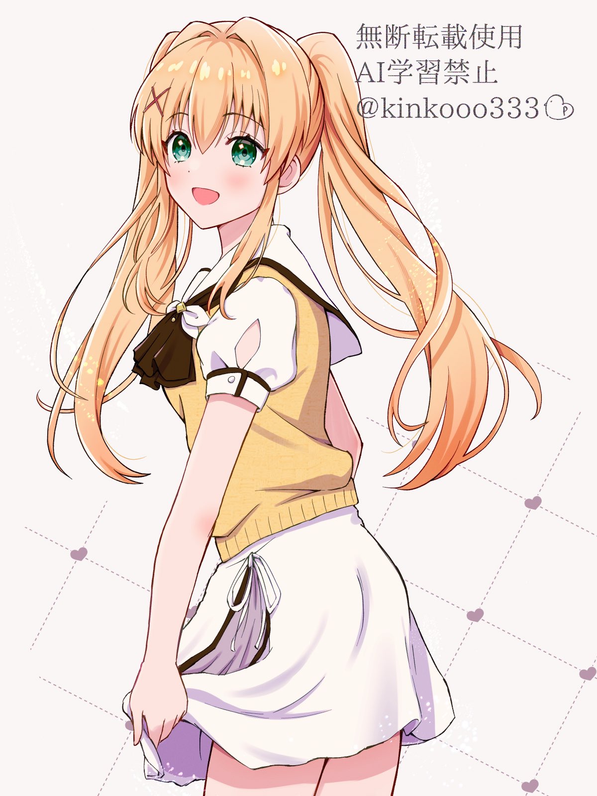 1girl, :d, ascot, black_ascot, blonde_hair, blush, commentary, cowboy_shot