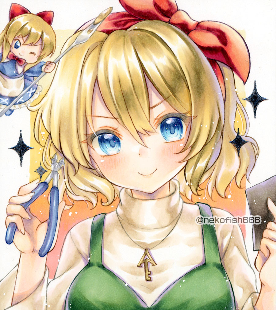2girls, alice_margatroid, alternate_costume, blonde_hair, blue_eyes, bow, bow_hairband, closed_mouth