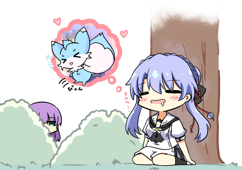 >_<, 1girl, =_=, arms_at_sides, ascot, black_ascot, blue_eyes, blue_hair
