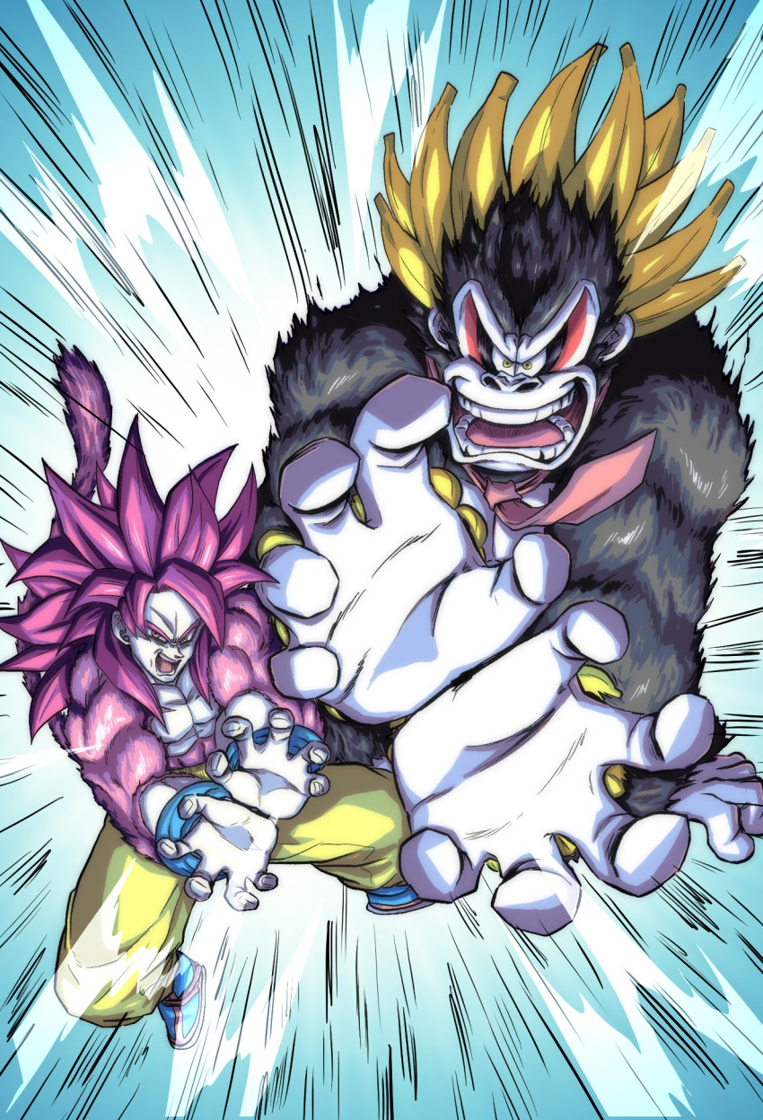 2boys, alternate_form, big_hair, black_fur, blue_background, blue_boots, boots, commentary