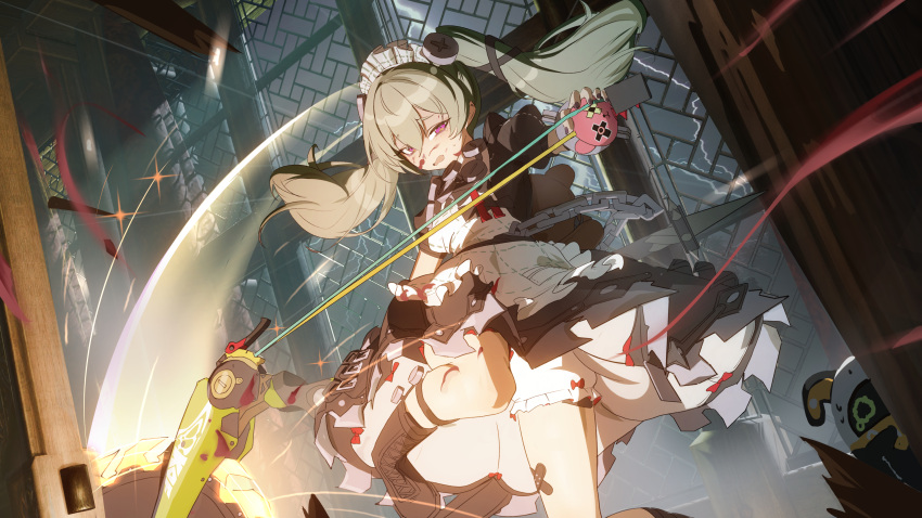 1girl, absurdres, apron, black_boots, black_dress, black_nails, blood, blood_on_clothes