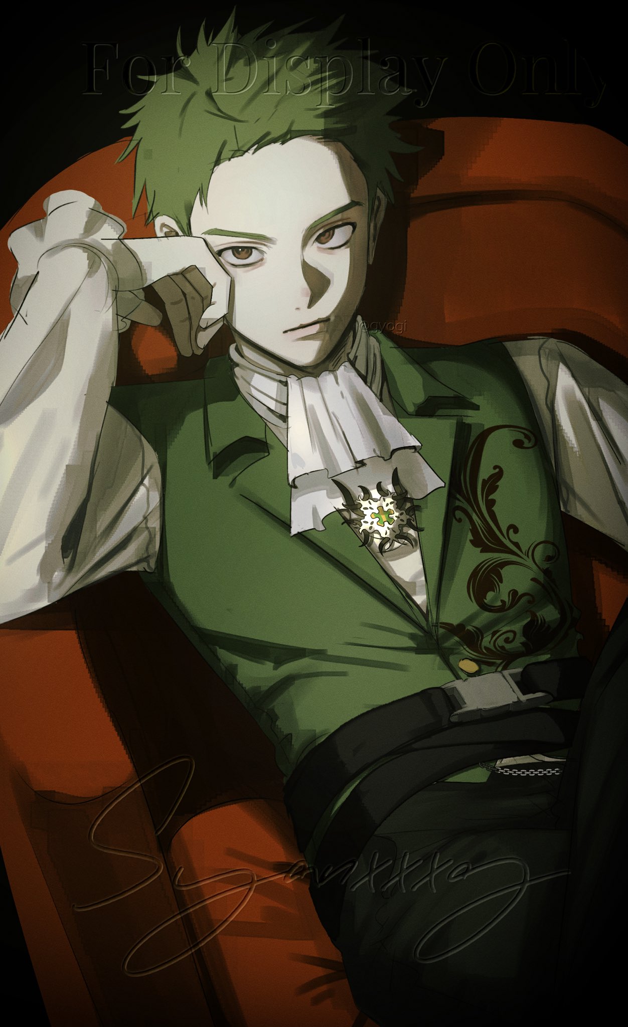 1boy, alternate_costume, brown_eyes, closed_mouth, clothing_request, green_background, green_hair, highres