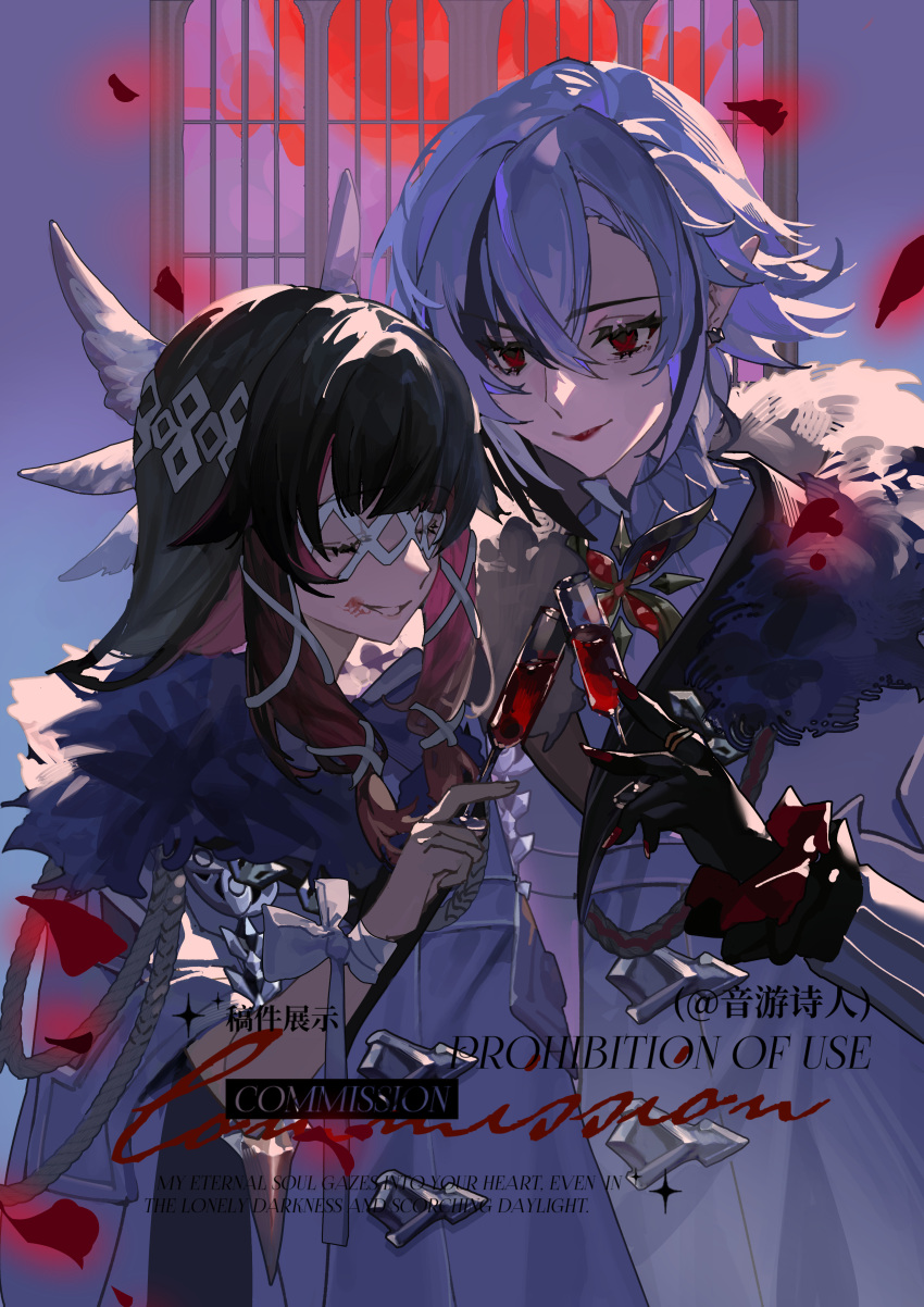 2girls, absurdres, arlecchino_(genshin_impact), black_hair, blunt_bangs, closed_mouth, coat, colored_skin, columbina_(genshin_impact), commission, couple, cup, doyouknowww, drinking_glass, earrings, falling_petals, fatui_coat, feathered_wings, fingernails, fur-trimmed_coat, fur_trim, genshin_impact, glowing, glowing_petals, grey_coat, grey_hair, grey_suit, hair_ribbon, head_wings, highres, holding, holding_cup, indoors, jewelry, light_smile, long_fingernails, long_hair, long_sleeves, looking_down, looking_to_the_side, multicolored_hair, multicolored_skin, multiple_girls, petals, red_eyes, red_lips, red_petals, ribbon, standing, streaked_hair, suit, two-tone_skin, upper_body, white_blindfold, white_ribbon, window, wine_glass, wings, yuri