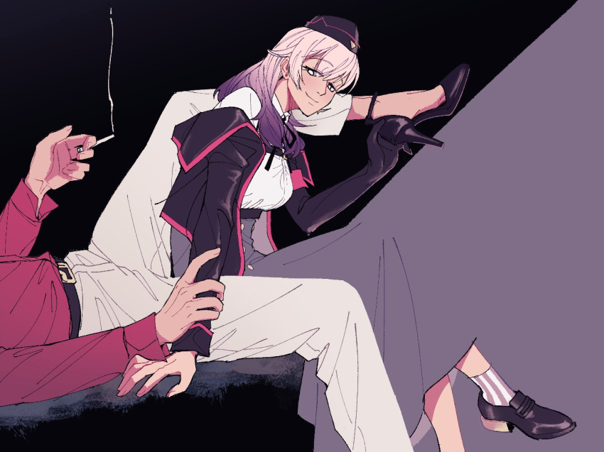 1boy, 1girl, amayado_rei, belt, between_legs, black_background, black_gloves, black_hat, black_jacket, black_ribbon, black_shoes, blending, breasts, chest_harness, cigarette, collared_shirt, cropped_jacket, ecstaticnek, elbow_gloves, english_commentary, garrison_cap, gloves, grabbing_another's_arm, grey_background, grey_skirt, hair_between_eyes, half-closed_eyes, harness, hat, hetero, high-waist_skirt, high_heels, hypnosis_mic, jacket, keitoin_honobono, large_breasts, leaning_forward, leg_up, legs_on_another's_shoulders, light_blush, loafers, long_skirt, long_sleeves, looking_at_another, looking_back, lying, neck_ribbon, off_shoulder, on_back, open_clothes, open_jacket, pants, pink_hair, pink_trim, purple_hair, raised_eyebrows, red_shirt, ribbon, shirt, shirt_tucked_in, shoes, sitting_between_lap, skirt, smile, smoking, socks, solo_focus, strappy_heels, striped_clothes, striped_socks, white_eyes, white_pants, white_shirt