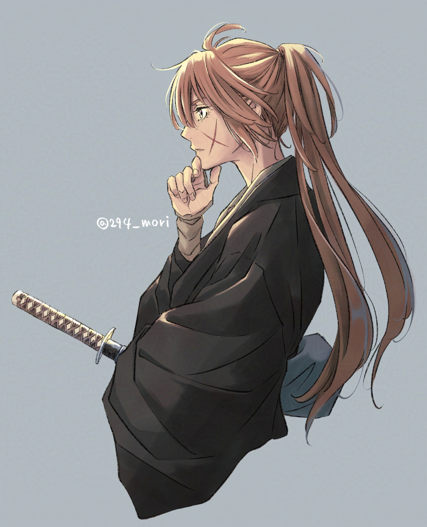 1boy, 294_mori, absurdres, black_kimono, closed_mouth, commentary_request, cropped_torso, cross_scar