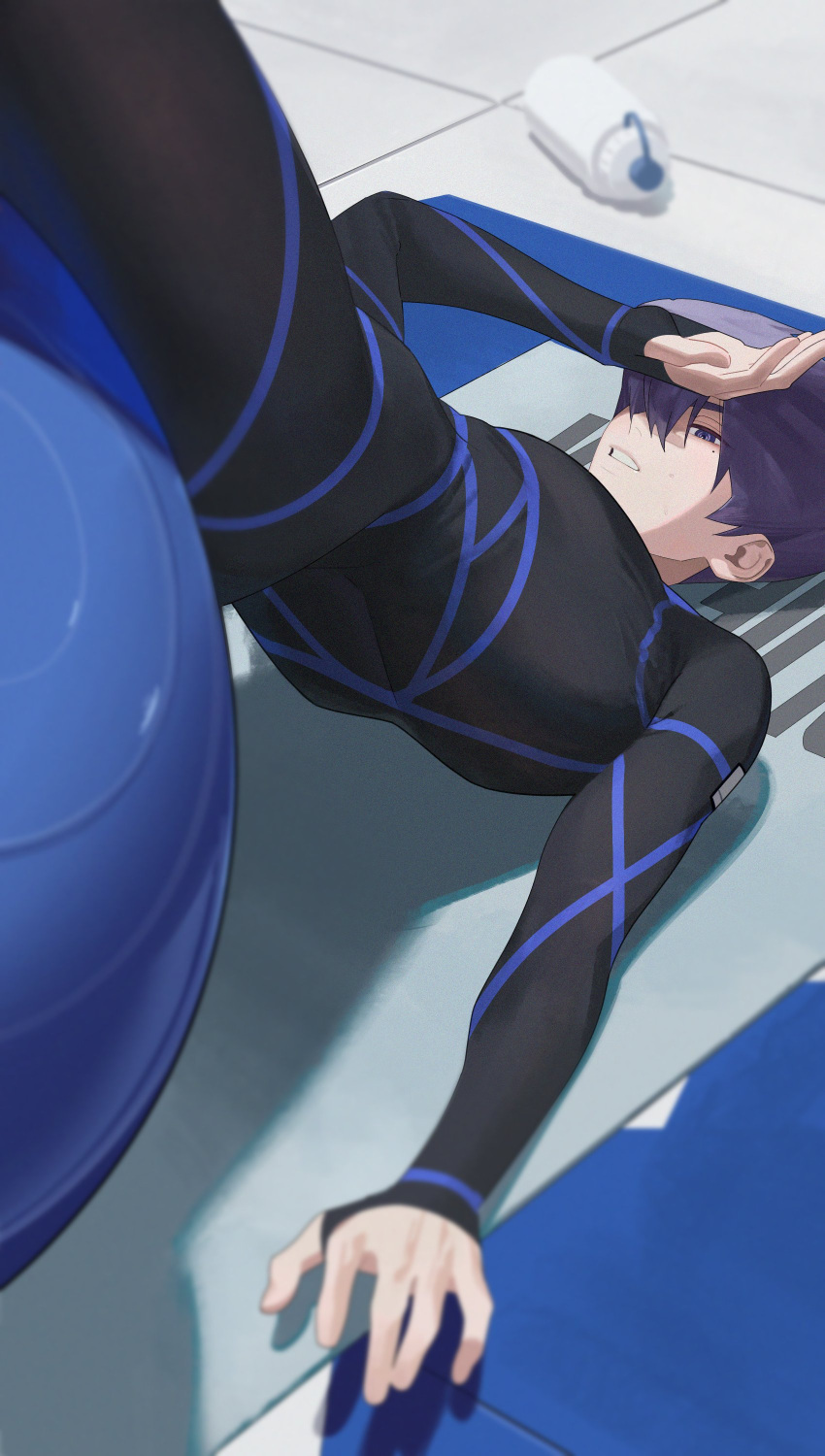 1boy, absurdres, black_hair, blue_eyes, blue_hair, blue_lock, blue_lock_bodysuit, bottle