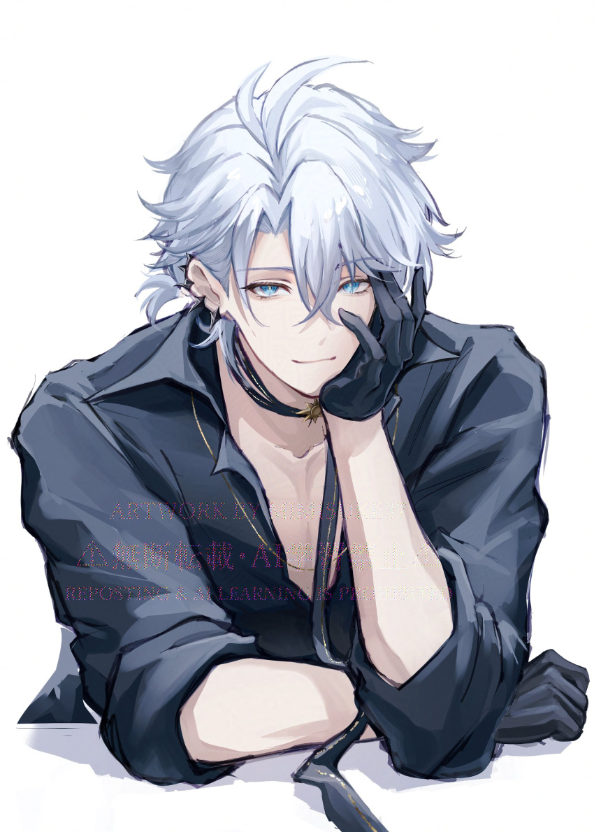 1boy, absurdres, black_gloves, black_shirt, blue_eyes, collarbone, english_text, gloves