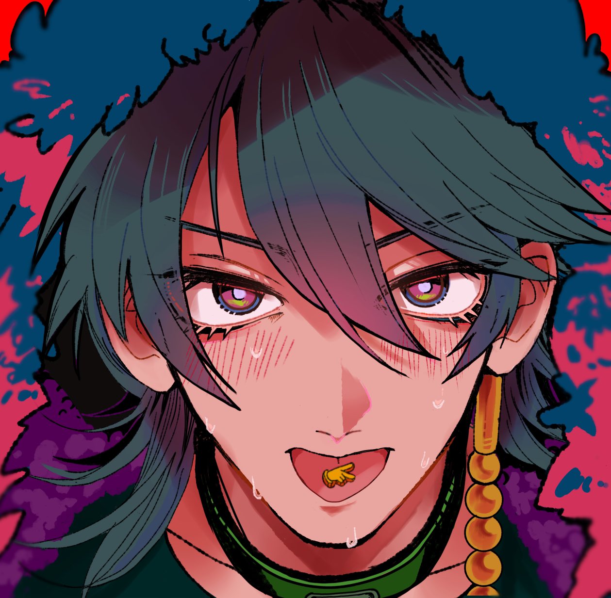 1boy, arisugawa_dice, asymmetrical_hair, blue_eyes, blue_hair, blurry_border, blush, bright_pupils, close-up, collar, colorful, commentary, cutout_eyelashes, eyelashes, fur_trim, gachimask, green_collar, hair_between_eyes, hair_ornament, highres, hood, hood_up, hypnosis_mic, looking_at_viewer, male_focus, mullet, multicolored_eyes, object_on_tongue, parted_bangs, pink_eyes, portrait, red_background, simple_background, solo, straight-on, sweat, symbol-only_commentary, tongue, tongue_out, v, v-shaped_eyebrows, white_pupils