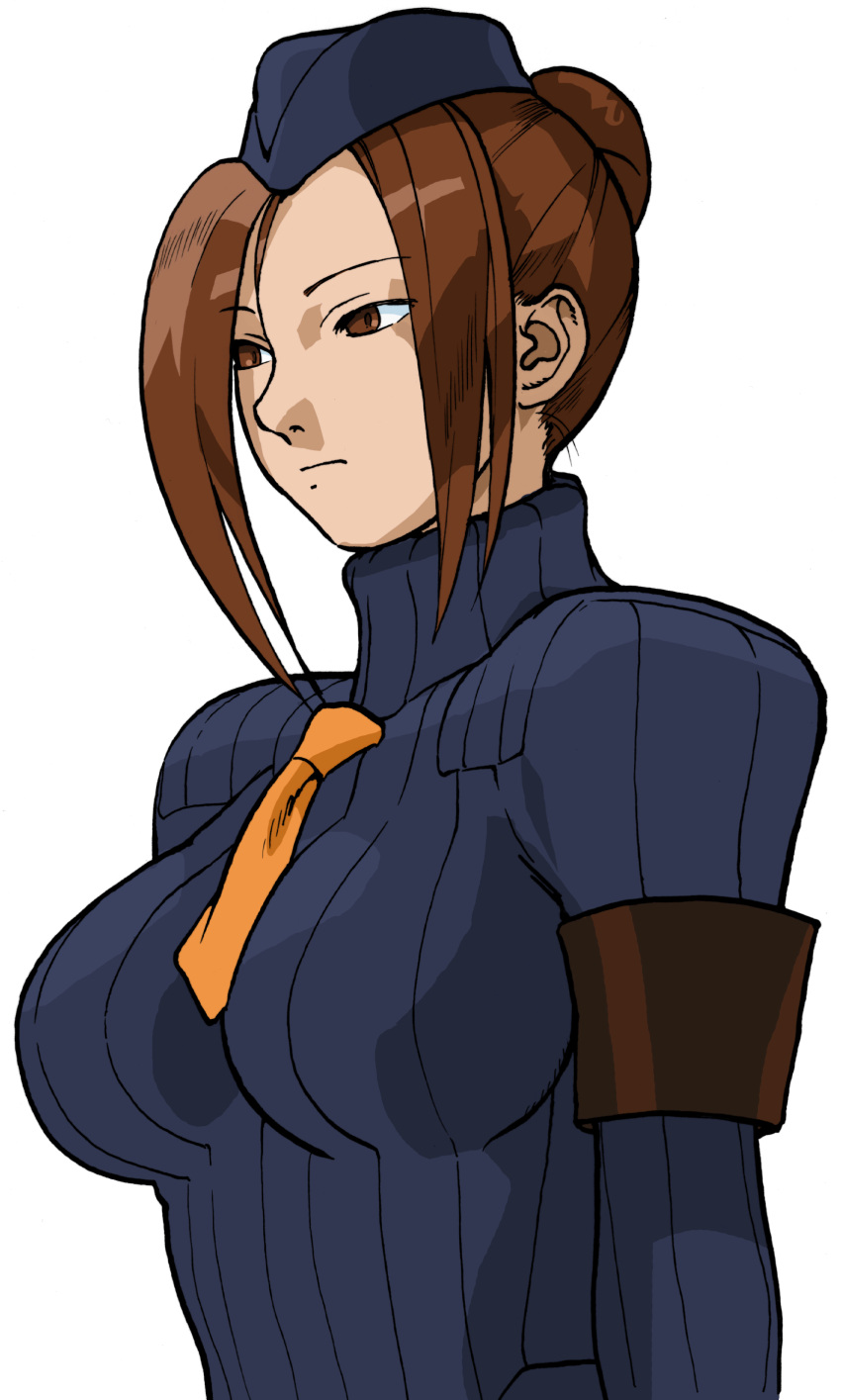 absurdres, armband, bengus, black_armband, breasts, brown_eyes, brown_hair, double-parted_bangs