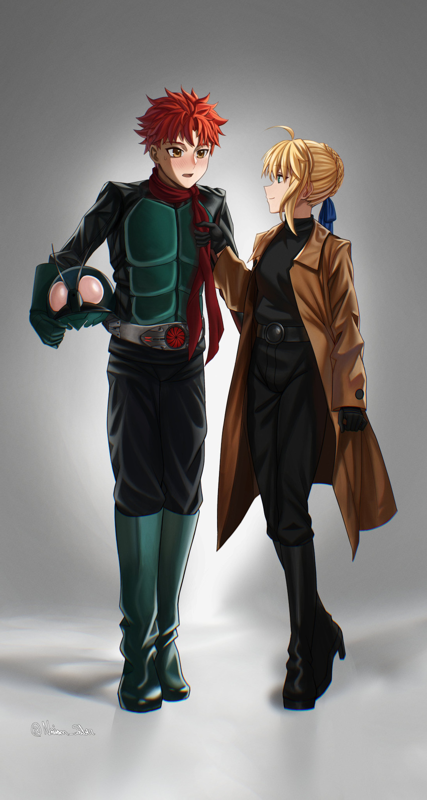 1boy, 1girl, absurdres, armor, artoria_pendragon_(fate), blush, boots, coat, cosplay, couple, emiya_shirou, fake_antennae, fate/stay_night, fate_(series), gloves, green_boots, green_gloves, helmet, highres, holding, holding_helmet, kamen_rider, kamen_rider_1, kamen_rider_1_(shin), kamen_rider_1_(shin)_(cosplay), knee_boots, midorikawa_ruriko, midorikawa_ruriko_(cosplay), noian_saber, red_hair, red_scarf, saber_(fate), scarf, shin_kamen_rider, typhoon_(kamen_rider), unworn_headwear, unworn_helmet