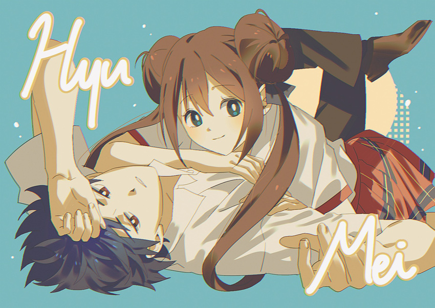 1boy, 1girl, aqua_eyes, black_hair, bright_pupils, brown_eyes, brown_hair, character_name