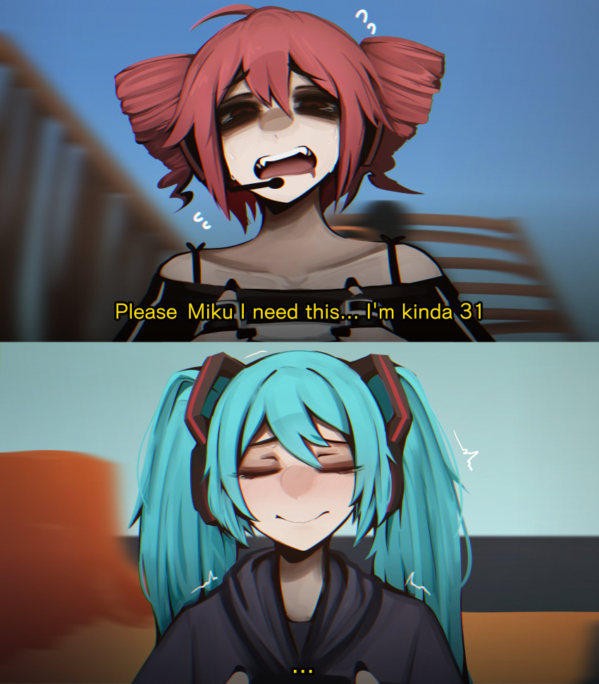 2girls, absurdres, black_hoodie, black_nails, closed_eyes, closed_mouth, controller, drill_hair
