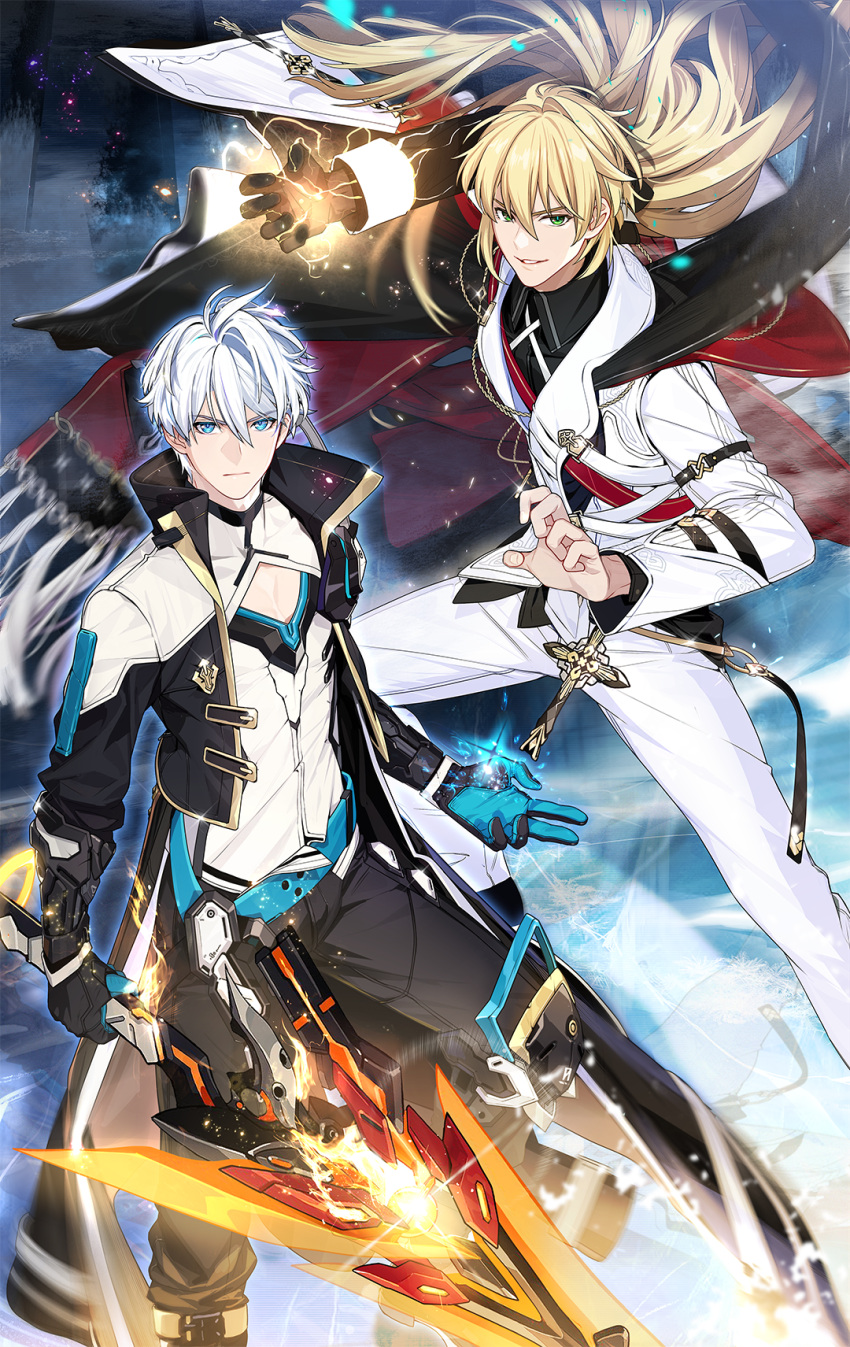 2boys, black_gloves, blonde_hair, blue_eyes, cape, chinese_commentary, closed_mouth, commentary_request