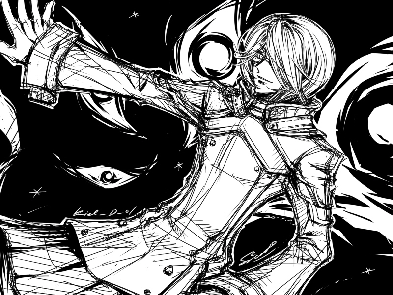1boy, chinese_commentary, coat, commentary_request, cowboy_shot, extra_eyes, glasses, greyscale, hair_over_one_eye, kiel-d-01, long_sleeves, looking_at_viewer, male_focus, monochrome, parted_lips, ragnarok_online, selcia, short_hair, sketch, smile, solo