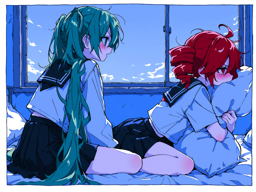 2girls, ahoge, annoyed, aqua_eyes, aqua_hair, blue_skirt, blue_sky, blue_theme, blush, clouds, commentary_request, drill_hair, empty_eyes, from_side, hatsune_miku, highres, holding, holding_pillow, kasane_teto, long_hair, long_sleeves, messy_hair, mochi_(user_ters7875), multiple_girls, on_bed, open_mouth, pillow, pleated_skirt, red_eyes, red_hair, school_uniform, serafuku, shirt, short_hair, short_sleeves, sitting, skirt, sky, teeth, twin_drills, twintails, upper_teeth_only, utau, v-shaped_eyebrows, very_long_hair, vocaloid, wariza, white_shirt, window, yokozuwari