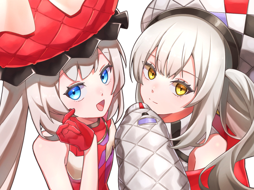2girls, bare_shoulders, blue_eyes, commentary, dress, dual_persona, fate/grand_order, fate_(series)