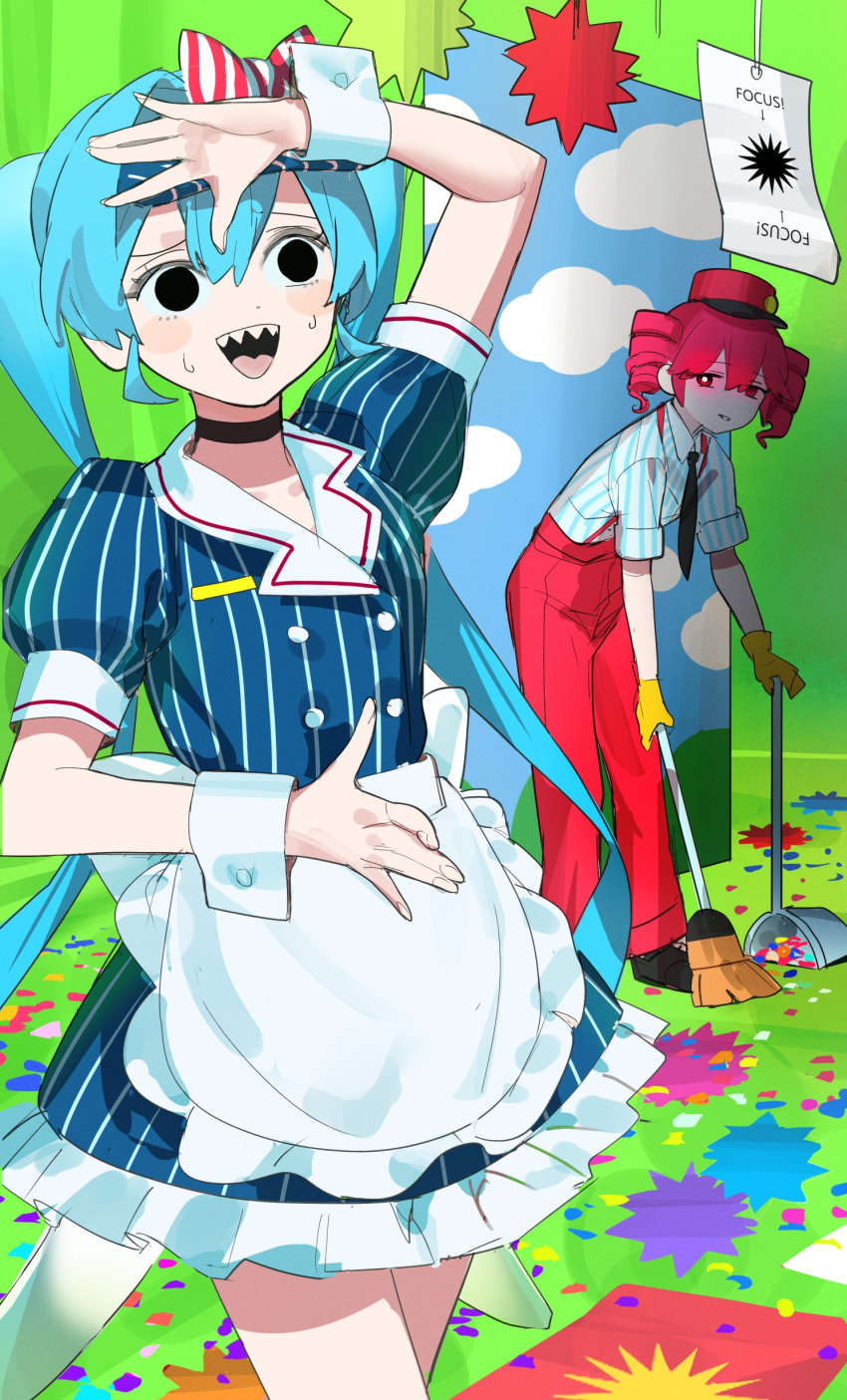 2girls, absurdres, apron, black_choker, black_necktie, black_shoes, blue_dress, blue_hair