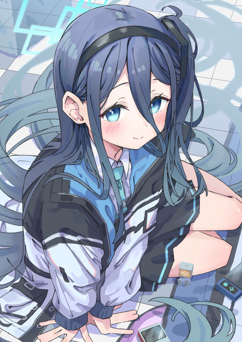 1girl, absurdly_long_hair, aqua_halo, aris_(blue_archive), black_hair, black_hairband, black_skirt, blue_archive