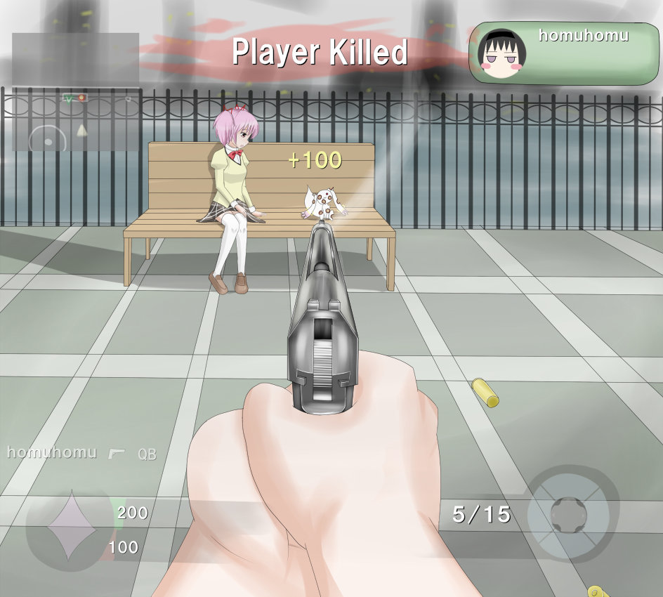 beretta_92, blush_stickers, bullet, bullet_hole, call_of_duty, call_of_duty:_black_ops, english, gun, handgun, heads-up_display, homu, kaname_madoka, ken525, kyubey, m9, mahou_shoujo_madoka_magica, multiple_girls, parody, pink_hair, pistol, pov, school_uniform, shell_casing, short_hair, short_twintails, spoilers, thighhighs, twintails, weapon