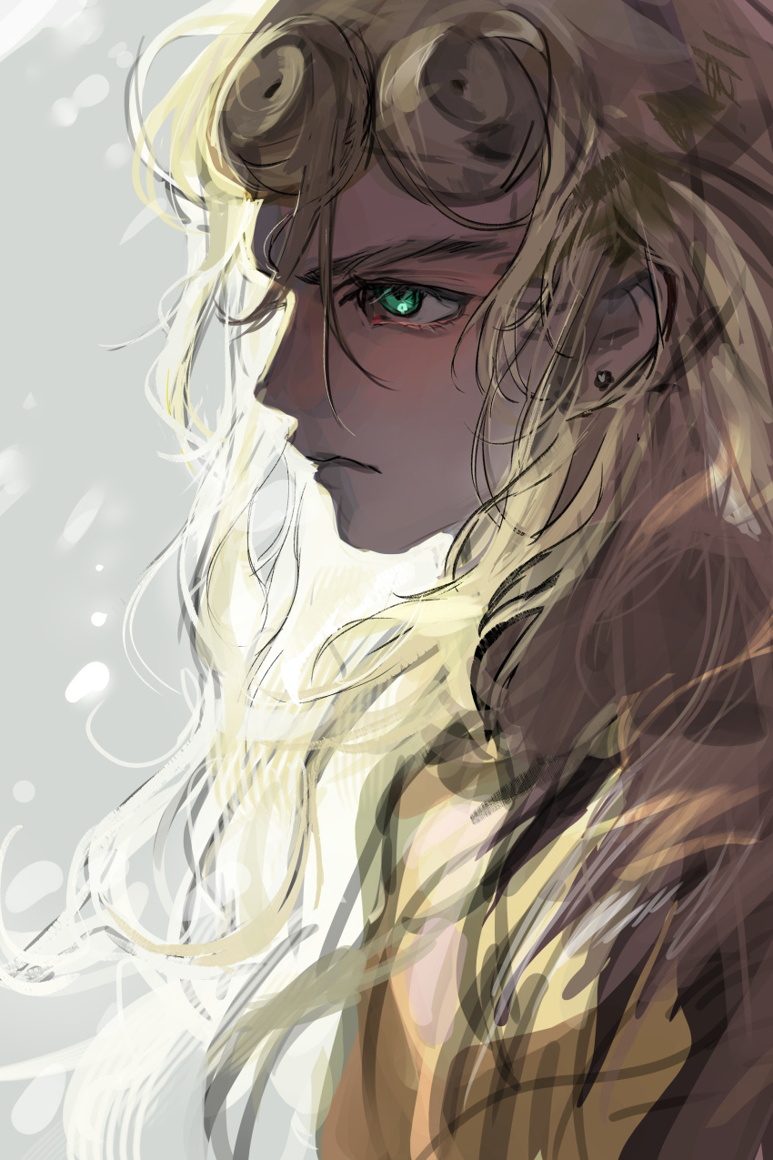 1boy, absurdres, bishounen, blonde_hair, closed_mouth, earrings, giorno_giovanna, green_eyes