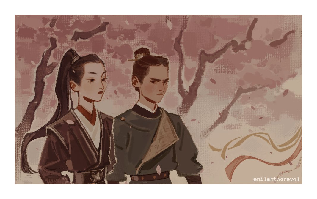 2boys, artist_name, black_eyes, black_hair, black_hanfu, border, brown_hair, cherry_blossoms