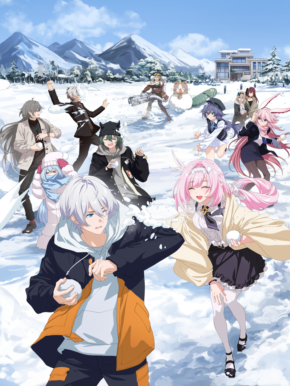 >_<, 2023, 4boys, 6+girls, animal_ears, aponia_(honkai_impact), artist_name, beanie