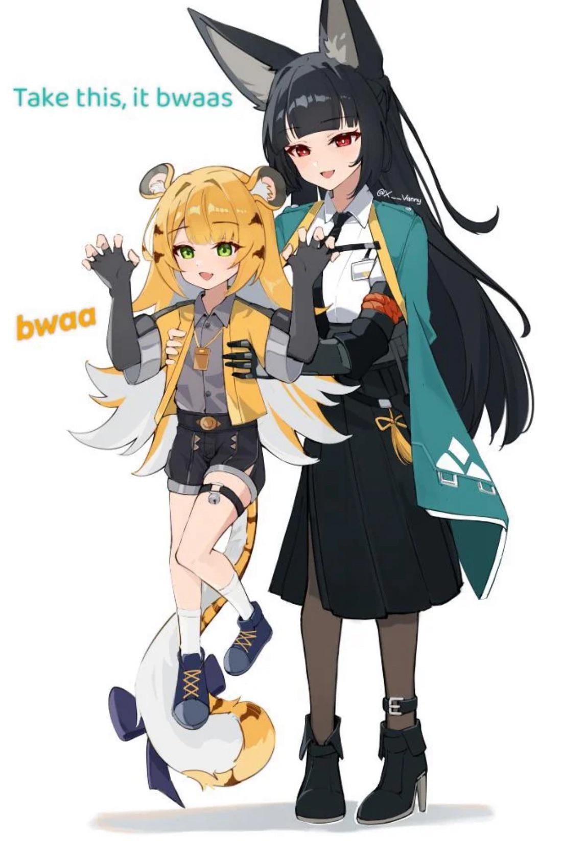 animal_ears, bwaaa_(meme), carrying_person, fox_ears, hoshimi_miyabi, ju_fufu, long_hair, multiple_girls, tiger_ears, tiger_tail, zenless_zone_zero