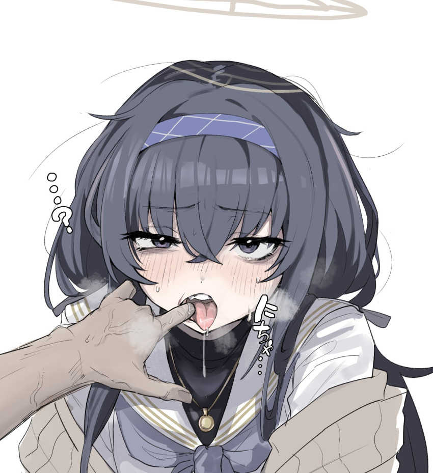 1girl, bags_under_eyes, black_hair, blue_archive, blue_eyes, blue_hairband, brown_halo, cardigan