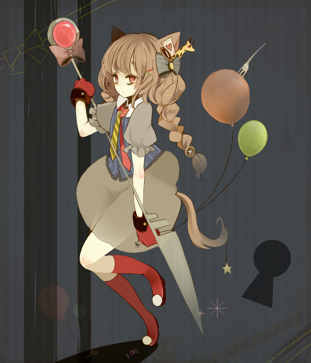 bad_id, balloon, braid, brown_hair, cat_ears, cat_tail, fork, gloves