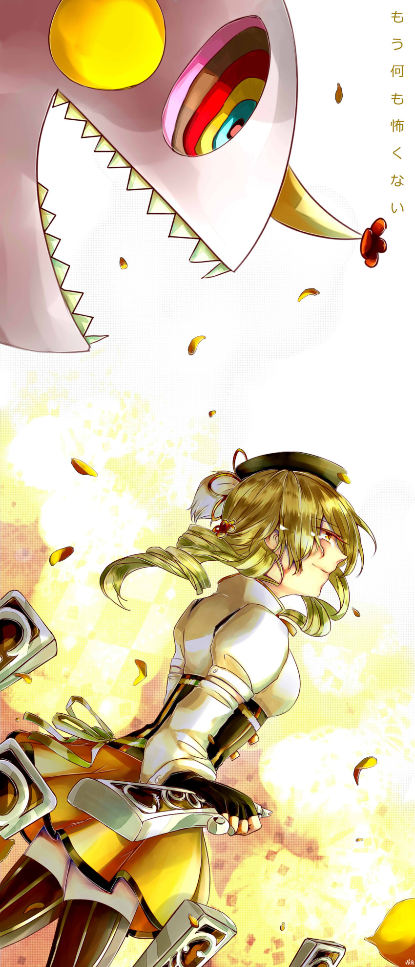 absurdres, beret, blonde_hair, chalaite, charlotte_(madoka_magica), detached_sleeves, drill_hair, dutch_angle, fingerless_gloves, gloves, gun, hat, highres, magical_musket, mahou_shoujo_madoka_magica, mami_mogu_mogu, not_afraid_anymore, profile, puffy_sleeves, rifle, smile, tears, thigh-highs, thighhighs, tomoe_mami, translated, weapon, yellow_eyes, zettai_ryouiki