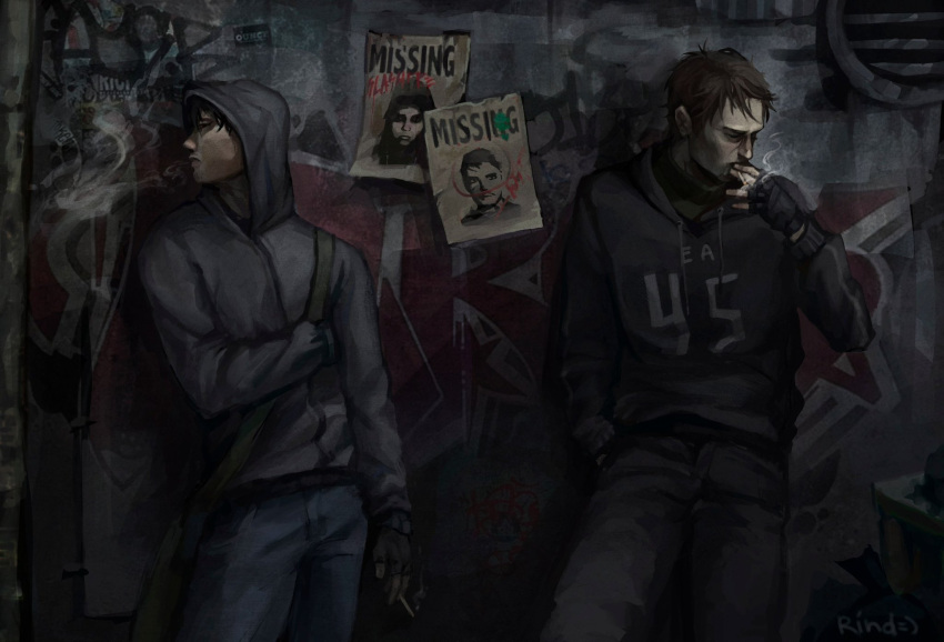 2boys, afraid_of_monsters, against_wall, bag, black_eyes, black_gloves, black_hair, black_hoodie