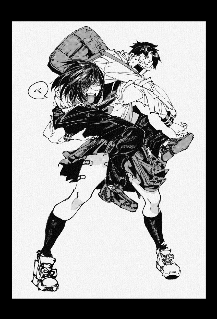 1boy, 1girl, bag, bandaid_on_thigh, black_border, border, carrying, carrying_person