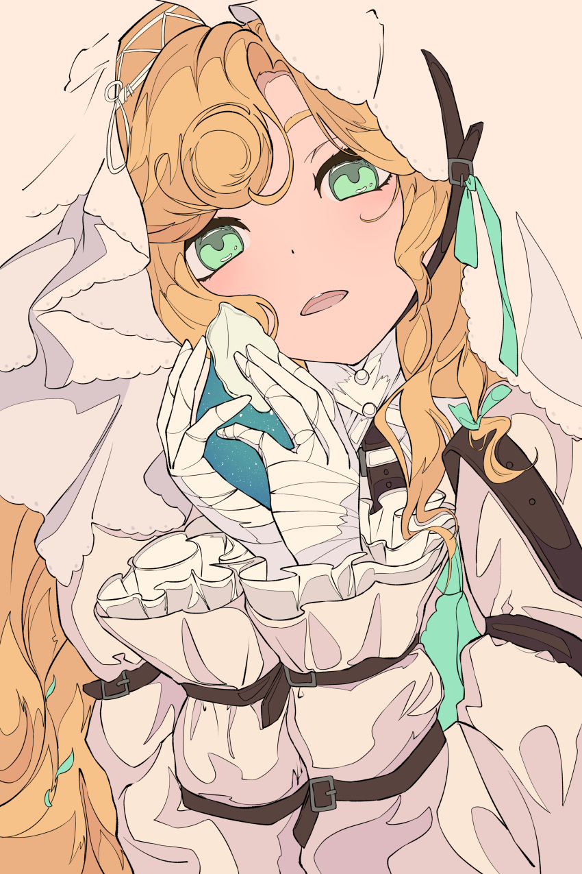 1girl, absurdres, aqua_eyes, arm_belt, bandaged_hand, bandages, blonde_hair, conch