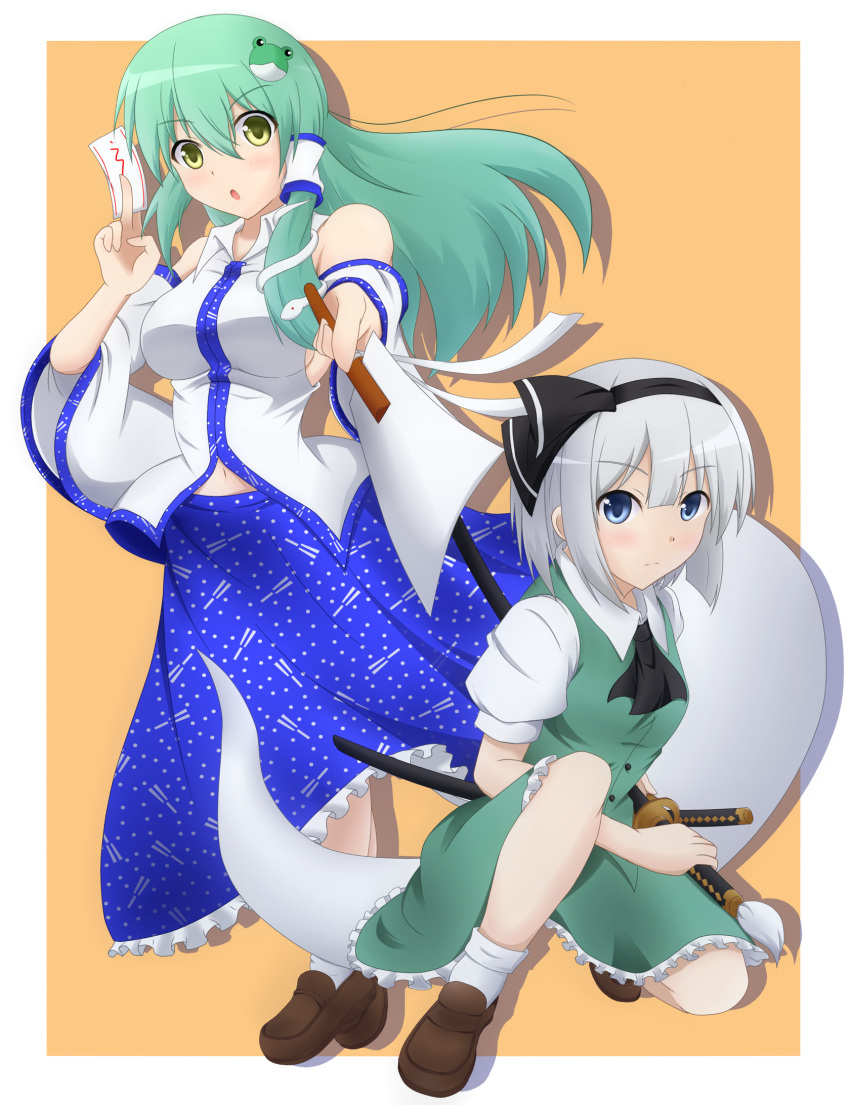 bare_shoulders, blue_eyes, blush, bow, breasts, detached_sleeves, frog, ghost
